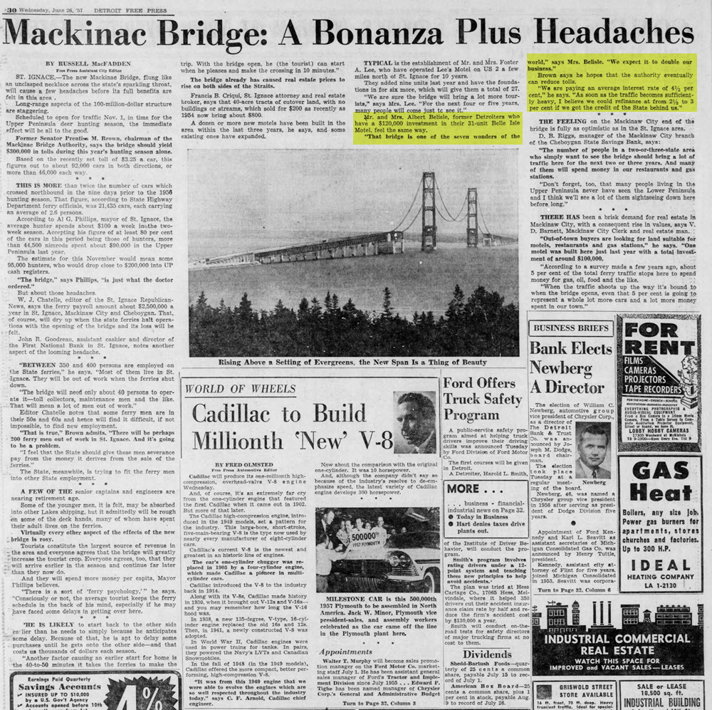 Belle Isle Motel & Dining Room - June 26 1957 Article